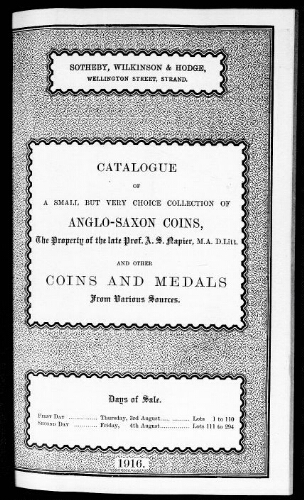 Catalogue of valuable coins and medals [...] : [vente du 3 août 1916]
