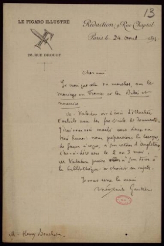Théophile Gautier. Lettre autographe signée adressée à Henri Bouchot