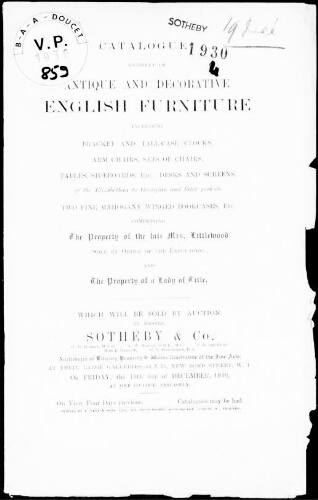 Antique and decorative English furniture [...], comprising the property of the late Mrs. Littlewood [...] : [vente du 19 décembre 1930]