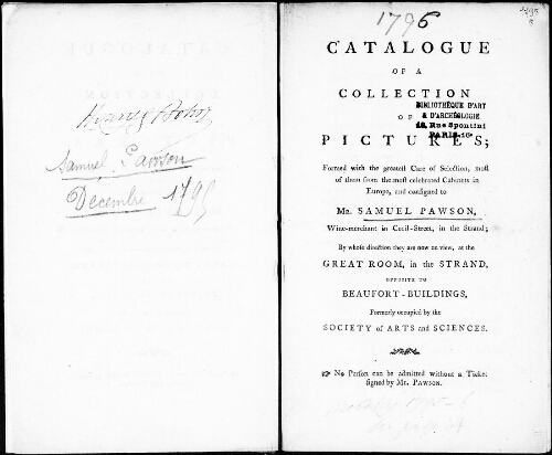 Catalogue of a collection of pictures, formed with the greatest care of selection, most of them from the most celebrated cabinets in Europe [...] : [vente de décembre 1795]