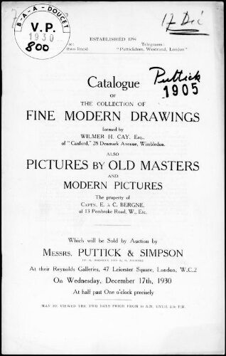 Fine modern drawings formed by Wilmer H. Clay, Esquire, [...]Captain E. à C. Bergne [...] : [vente du 17 décembre 1930]