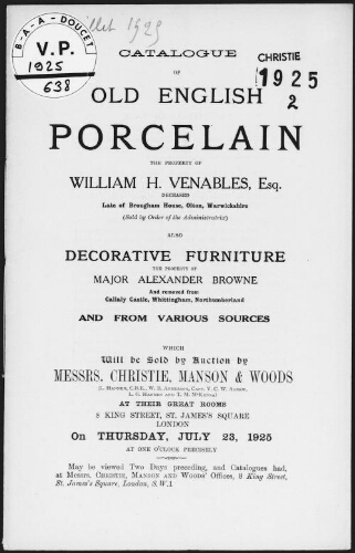 Catalogue of old English porcelain, the property of William H. Venables, Esq. [...] : [vente du 23 juillet 1925]