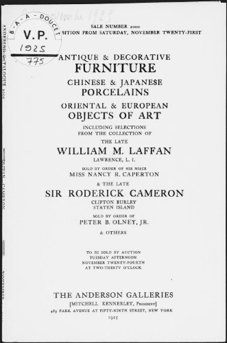 Antique and decorative furniture [...], including selections from the collection of the late William M. Laffan [...] : [vente du 24 novembre 1925]