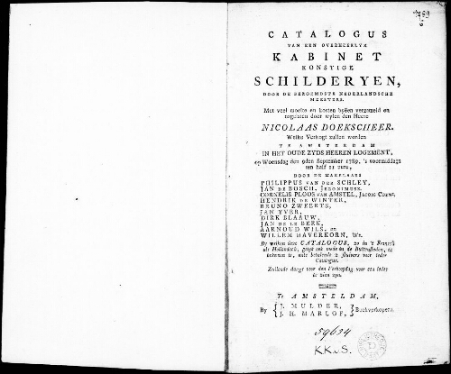 Catalogus van een overheerlyk kabinet konstige schilderyen, door de beroemdste Nederlandsche meesters [...] : [vente du 9 septembre 1789]
