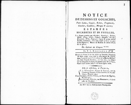 Notice de dessins et gouaches [...] : [vente des 18 et 19 mars 1796]
