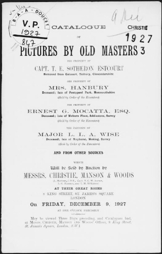 Catalogue of pictures by old masters, the property of Capt. T. E. Sotheron Estcourt [...] : [vente du 9 décembre 1927]