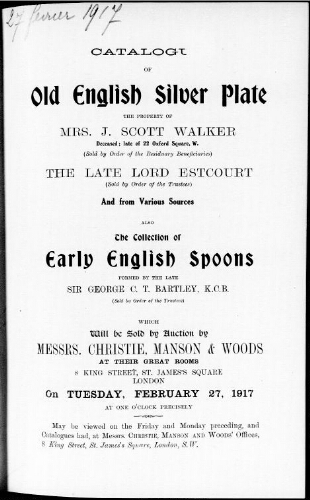 Catalogue of old English silver plate […] : [vente du 27 février 1917]