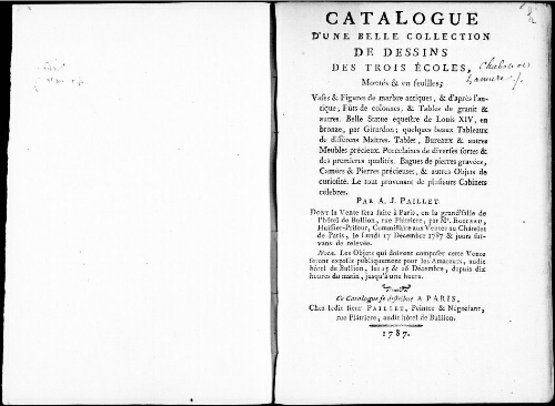 Catalogue d'une belle collection de dessins des trois écoles, montés et en feuilles [...] : [vente du 17 décembre 1787]