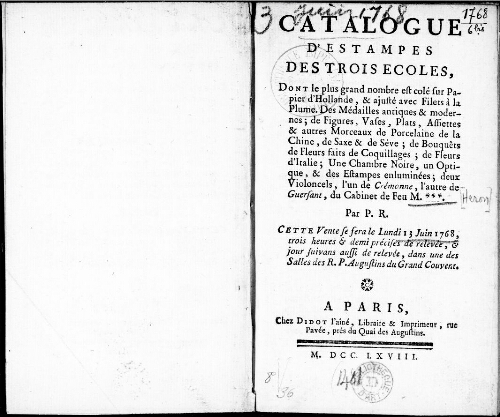 Catalogue d'estampes des trois écoles dont le plus grand nombre est collé sur papier d'Hollande [...] : [vente du 13 juin 1768]