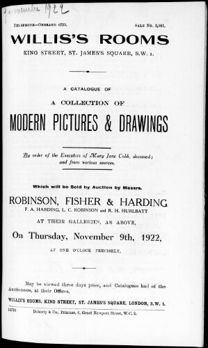 Catalogue of a collection of modern pictures and drawings by order of the Executors of Mary Jane Cobb, deceased [...] : [vente du 9 novembre 1922]