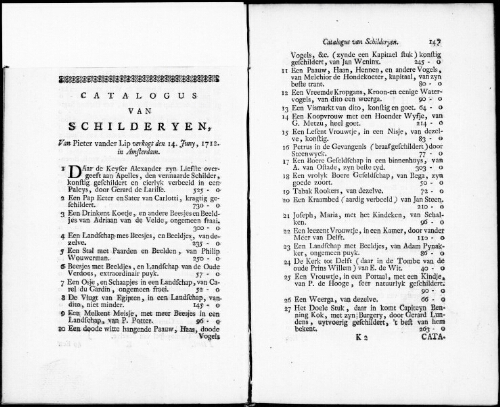Catalogus van Schilderyen van Pieter vander Lip [...] : [vente du 14 juin 1712]