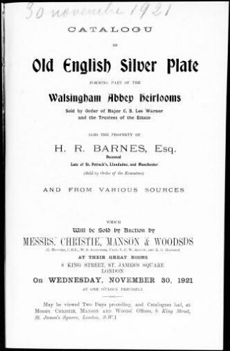 Catalogue of old English silver plate forming part of the Walsingham Abbey heirlooms [...] : [vente du 30 novembre 1921]