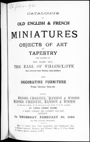 Catalogue of old english and french miniatures objects of art and tapestry [...] : [vente du 26 février 1920]