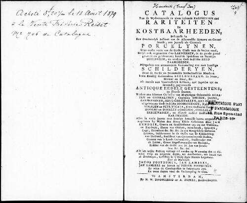 Catalogus van de wydvermaarde en alom bekende Kabinetten met Rariteiten en Kostbaarheeden bestaande [...] : [vente du 25 octobre 1769]