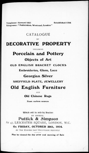 Catalogue of decorative property including porcelain and pottery […] : [vente du 30 octobre 1914]