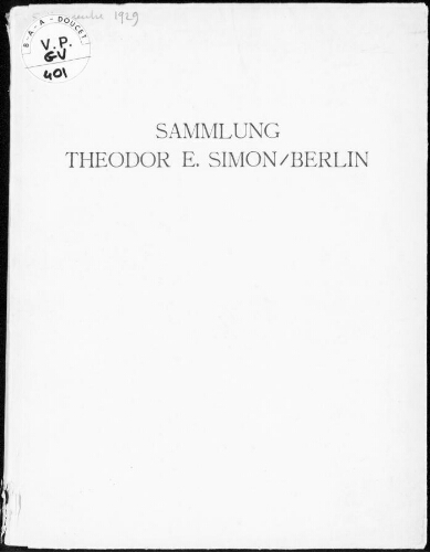 Sammlung Theodor E. Simon, Berlin : [vente du 5 novembre 1929]