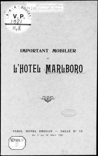 Important mobilier de l'hôtel Marlboro : [vente du 7 au 12 mars 1921]