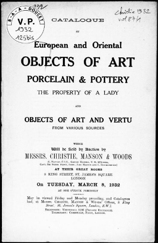 Catalogue of European and oriental objects of art, porcelain and pottery, the property of a Lady [...] : [vente du 8 mars 1932]