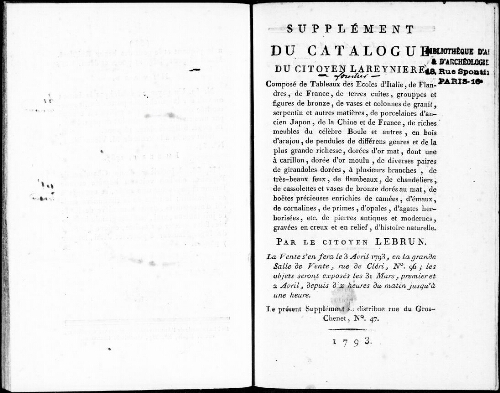 Supplément du catalogue du citoyen Lareynière [...] : [vente du 4 avril 1793]