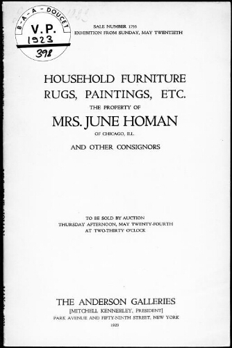 Household furniture, rugs, paintings, etc., the property of Mrs. June Homan, of Chicago, Ill., and other consignors : [vente du 24 mai 1923]