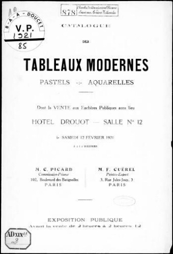 Catalogue des tableaux modernes, pastels, aquarelles [...] : [vente du 12 février 1921]