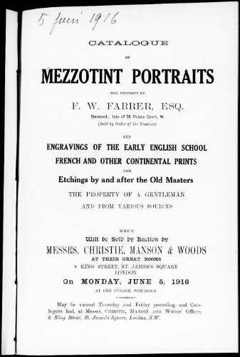 Catalogue of mezzotint portraits […] : [vente du 5 juin 1916]