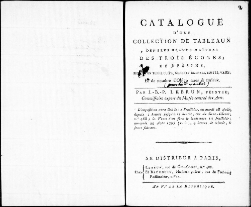Catalogue d'une collection de tableaux des plus grands maîtres des trois écoles [...] : [vente du 29 août 1797]