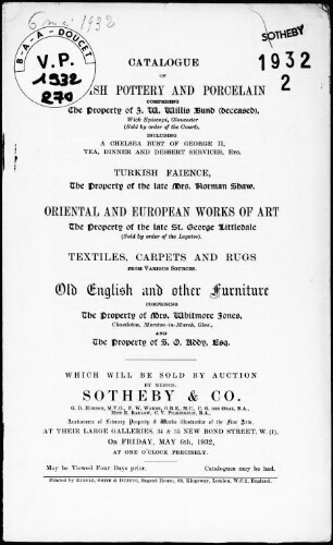 Catalogue of English pottery and porcelain comprising the property of J. W. Willis Bund [...] : [vente du 6 mai 1932]