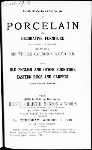 Catalogue of porcelain and decorative furniture […] : [vente du 1er août 1918]