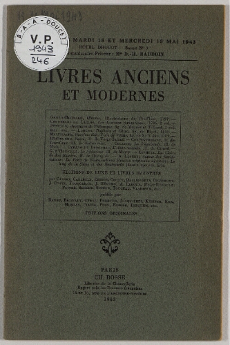 Livres anciens et modernes [...] : [vente des 18 et 19 mai 1943]