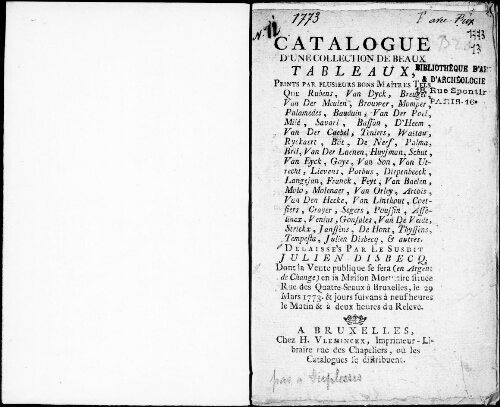 Catalogue d'une collection de beaux tableaux, peints par plusieurs bons Maîtres [...] : [vente du 29 mars 1773]