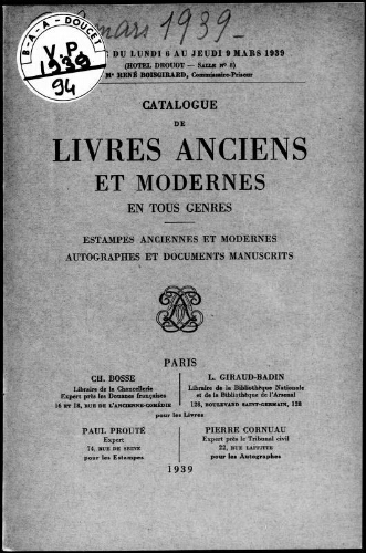 Catalogue de livres anciens et modernes en tous genres […] : [vente du 6 mars 1939]