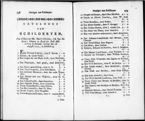Catalogus van Schilderyen van d'Heer en Mr. David Grenier [...] : [vente du 18 août 1712]
