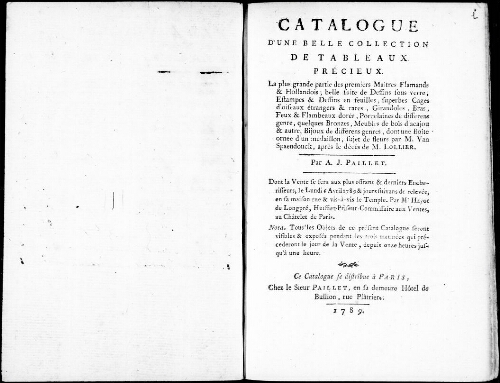 Catalogue d’une belle collection de tableaux précieux, la plus grande partie des premiers maîtres flamands et hollandais [...] : [vente du 6 avril 1789]