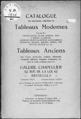 Catalogue des importantes collections de tableaux modernes, œuvres de Fantin-Latour, Cicéri, Damoye [...] [avec planches] : [vente du 30 janvier 1926]