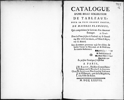Catalogue d'une belle collection de tableaux, pour la plus grande partie, de maîtres flamands [...] : [vente du 23 mai 1777]