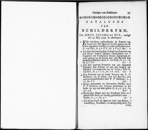 Catalogus van Schilderyen van Sieur Jacomo de Wit [...] : [vente du 15 mai 1741]