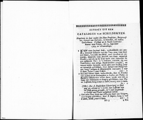 Extract uit een Catalogus van Schilderyen, nagelaten zo door wylen den Heer Praesident , Burgemeester, Gerard van Oostrum [...] : [vente du 23 septembre 1765]