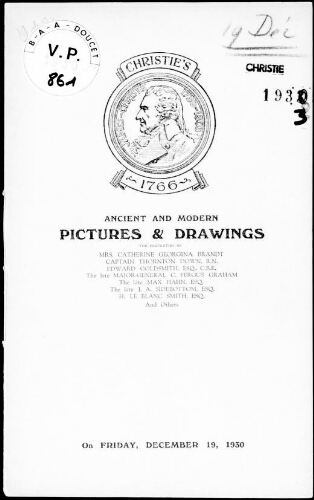 Ancient and modern pictures and drawings, the property of Mrs. Catherine Georgina Brandt, Captain Thornton Down [...] : [vente du 19  décembre 1930]