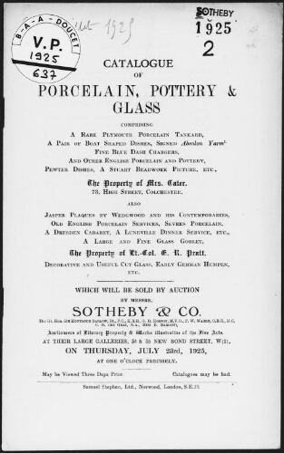 Catalogue of porcelain, pottery and glass [...], the property of Mrs. Cater [...] : [vente du 23 juillet 1925]