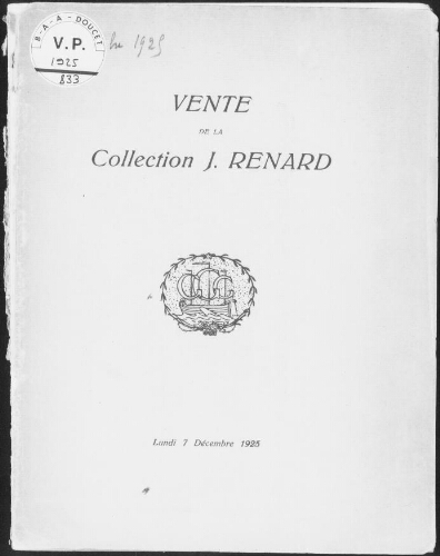 Vente de la collection J. Renard : [vente du 7 décembre 1925]