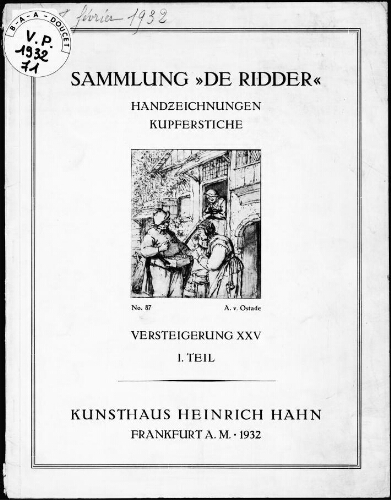 Sammlung « De Ridder », Handzeichnungen, Kupferstiche. Versteigerung XXV, I. Teil : [vente du 18 février 1932]