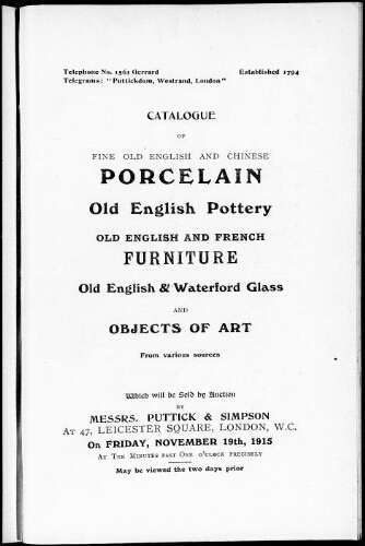 Catalogue of fine old English and Chinese porcelain […] : [vente du 19 novembre 1915]