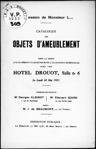 Succession de Monsieur L..., catalogue des objets d’ameublement : [vente du 18 mai 1931]