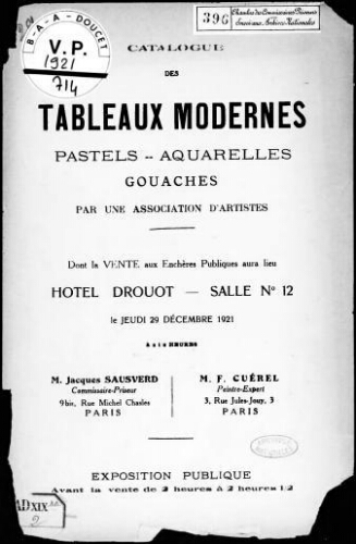 Catalogue des tableaux modernes, pastels, aquarelles, gouaches, par une association d'artistes [...] : [vente du 29 décembre 1921]