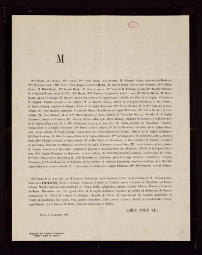 Faire-part de décès de Jean-Auguste-Dominique Ingres