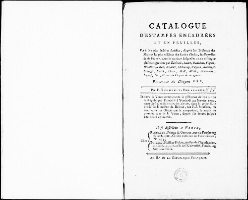 Catalogue d'estampes encadrées et en feuilles, par les plus habiles artistes [...] : [vente du 24 janvier 1794]