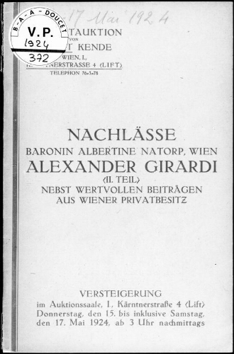 Nachlässe Baronin Albertine Natorp, Wien, Alexander Girardi (II. Teil) : [vente du 15 au 17 mai 1924]