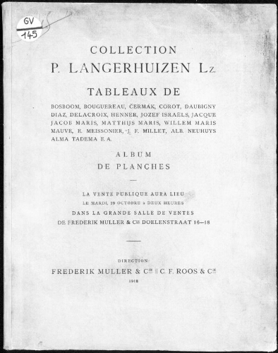 Collection P. Langerhuizen Lz., tableaux de Bosboom, Bouguereau, ?ermák, Corot, Daubigny […] : [vente du 29 octobre 1918]