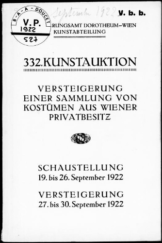 Versteigerung einer Sammlung von Kostümen aus Wiener Privatbesitz : [vente du 27 au 30 septembre 1922]